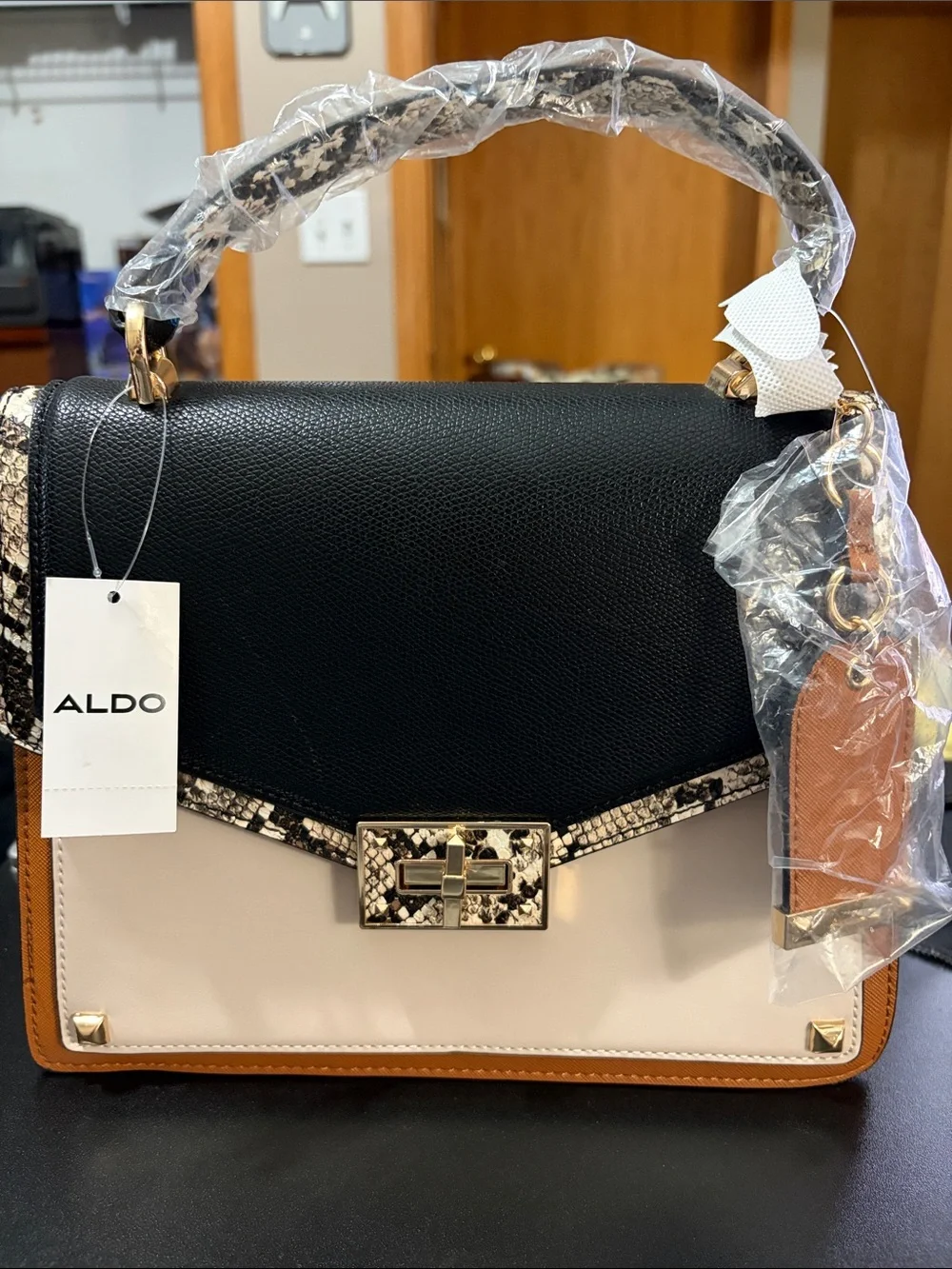 ALDO Black, Cream & Brown Colorblock Top-Handle Satchel with Snake-Print Trim